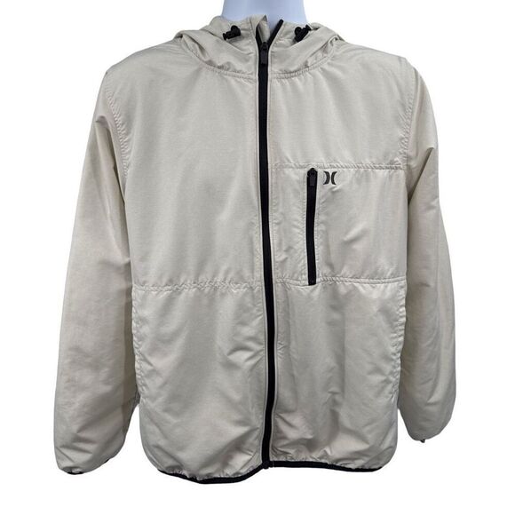 Hurley Men’s Hooded Windbreaker Jacket Beige Zip Front Size Medium M - Picture 1 of 11